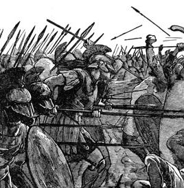 Spartan warriors are in the midst of spears, shields and etc.